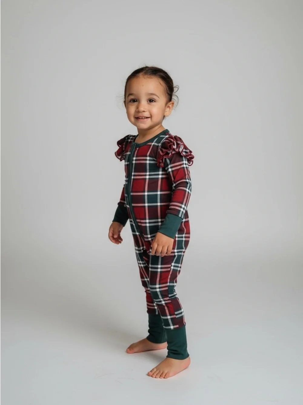 Family Plaid Zippered Kids One-Piece in Red and Green - Holiday Sleepwear